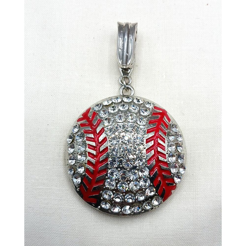 Silver tone Rhinestone Softball Pendant w/Magnetic Bail